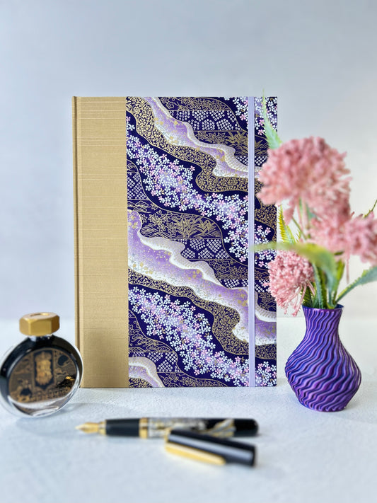B5 Hardcover Notebook finished in Soft Gold Japanese book cloth and Imperial Purple and Gold Chiyogami