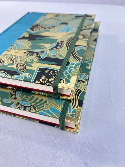 B5 Hardcover Notebook finished in Marine Blue Japanese book cloth and bold botanical Chiyogami Paper