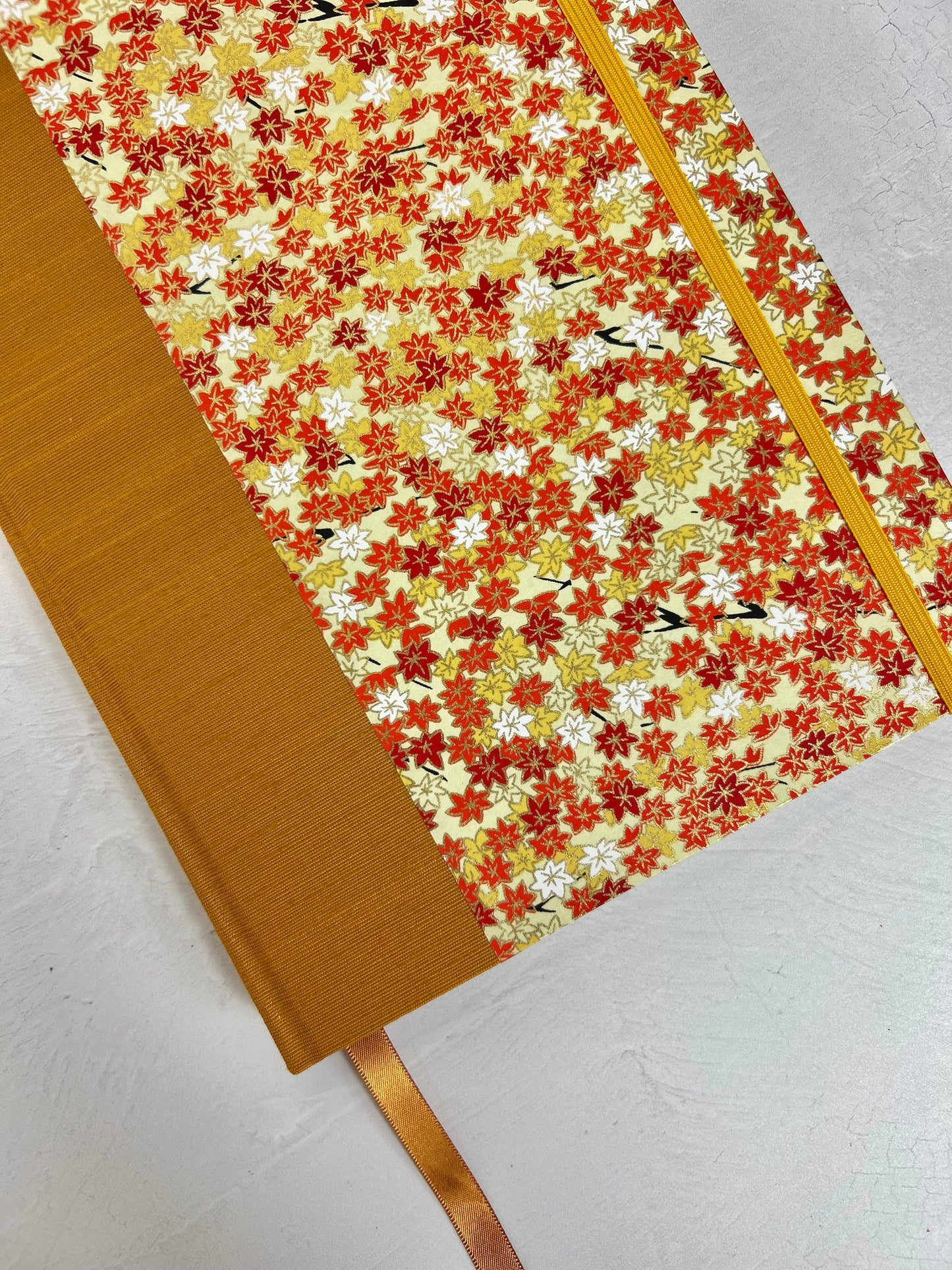 NEW A5 Hardcover Notebook finished in Ochre Japanese book cloth and Fall leaves Chiyogami Paper