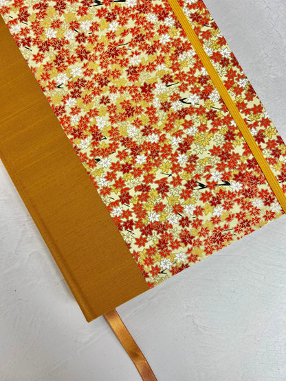 NEW A5 Hardcover Notebook finished in Ochre Japanese book cloth and Fall leaves Chiyogami Paper