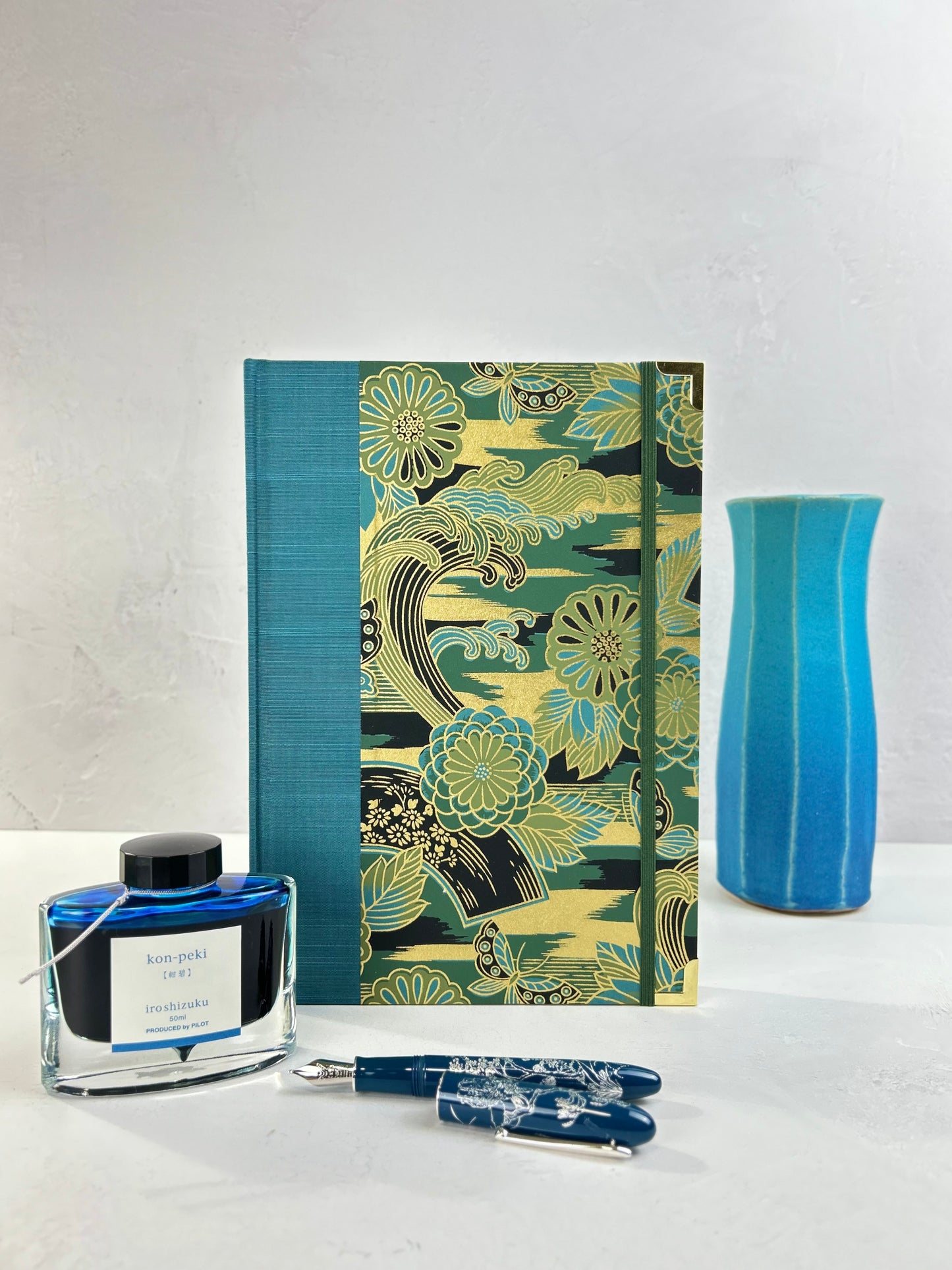 B5 Hardcover Notebook finished in Marine Blue Japanese book cloth and bold botanical Chiyogami Paper