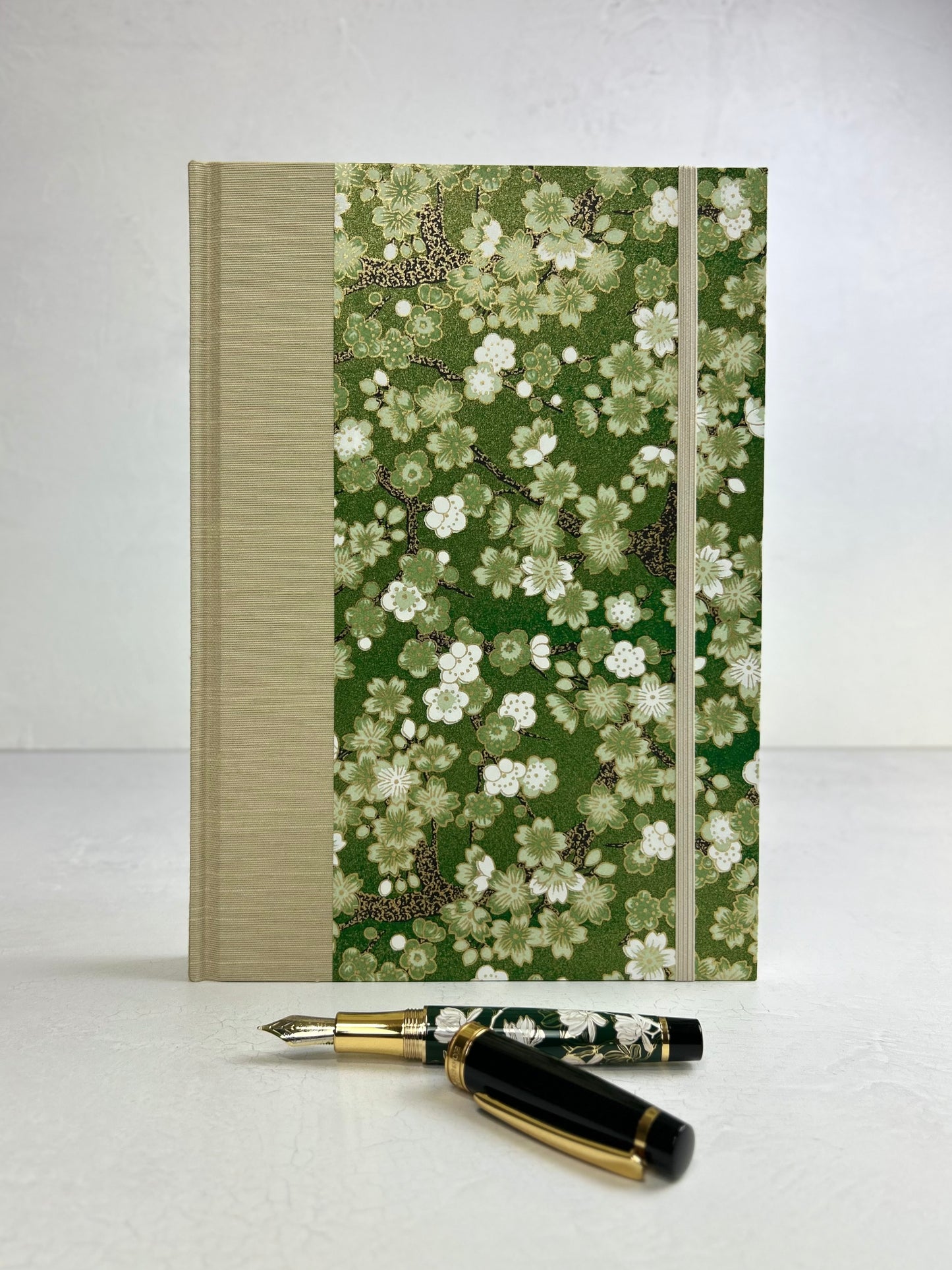 B5 192-page Hardcover Journal finished in Platinum Japanese book cloth and Cherry Blossom Chiyogami Paper