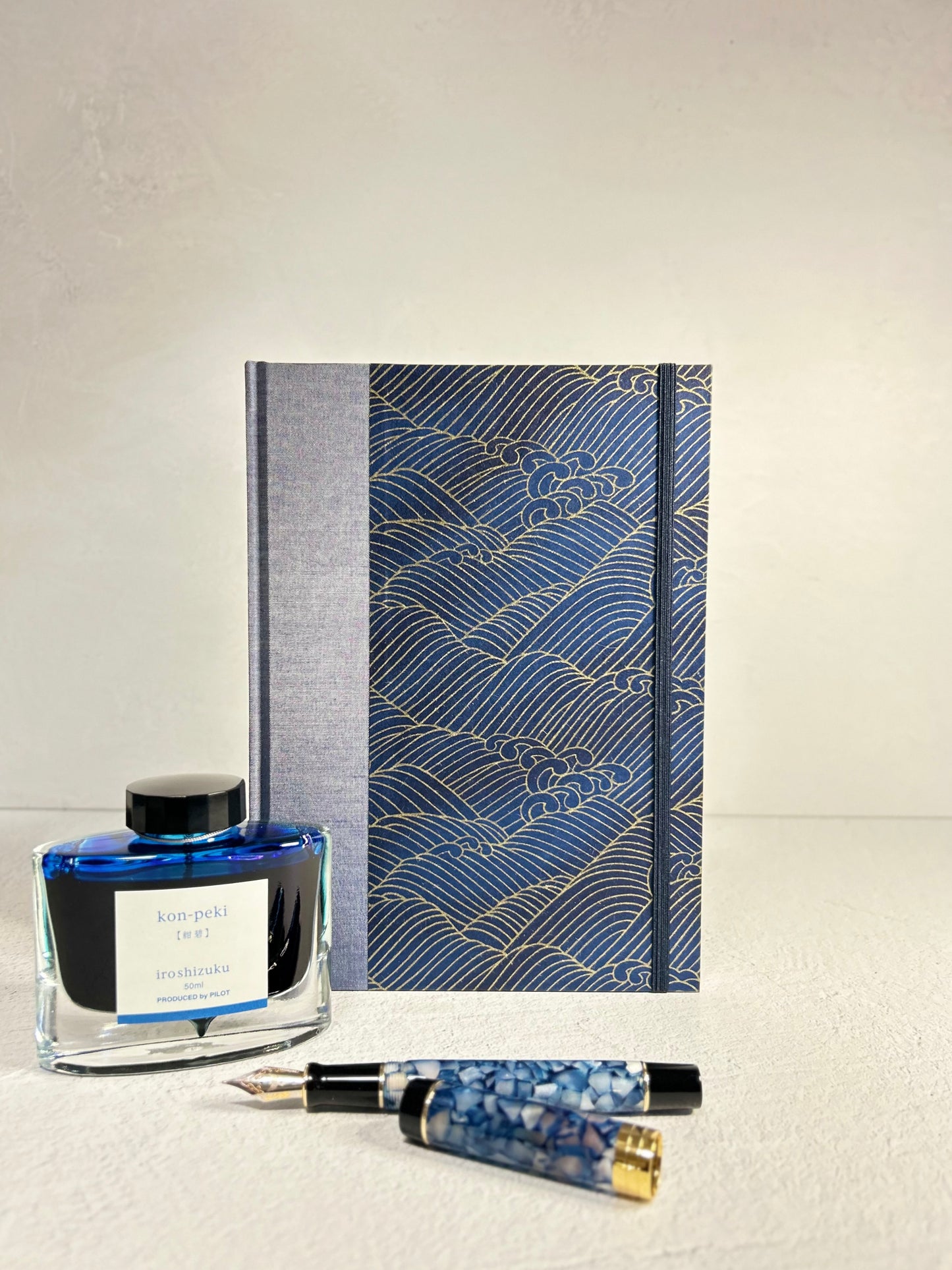 (PRE-ORDER October Delivery) A5 Hardcover Notebook finished in Golden Waves on Blue Chiyogami Paper