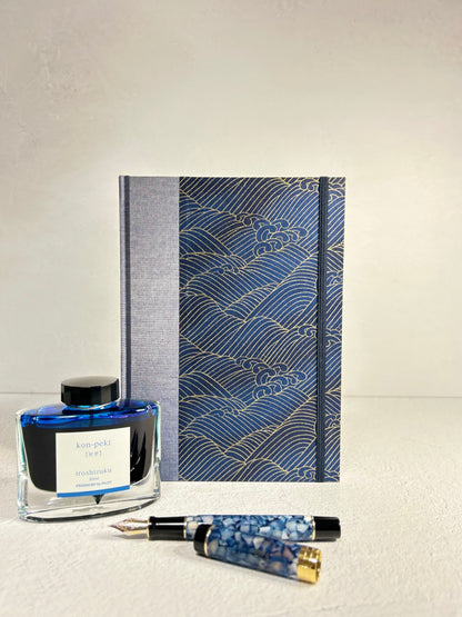 (PRE-ORDER October Delivery) A5 Hardcover Notebook finished in Golden Waves on Blue Chiyogami Paper
