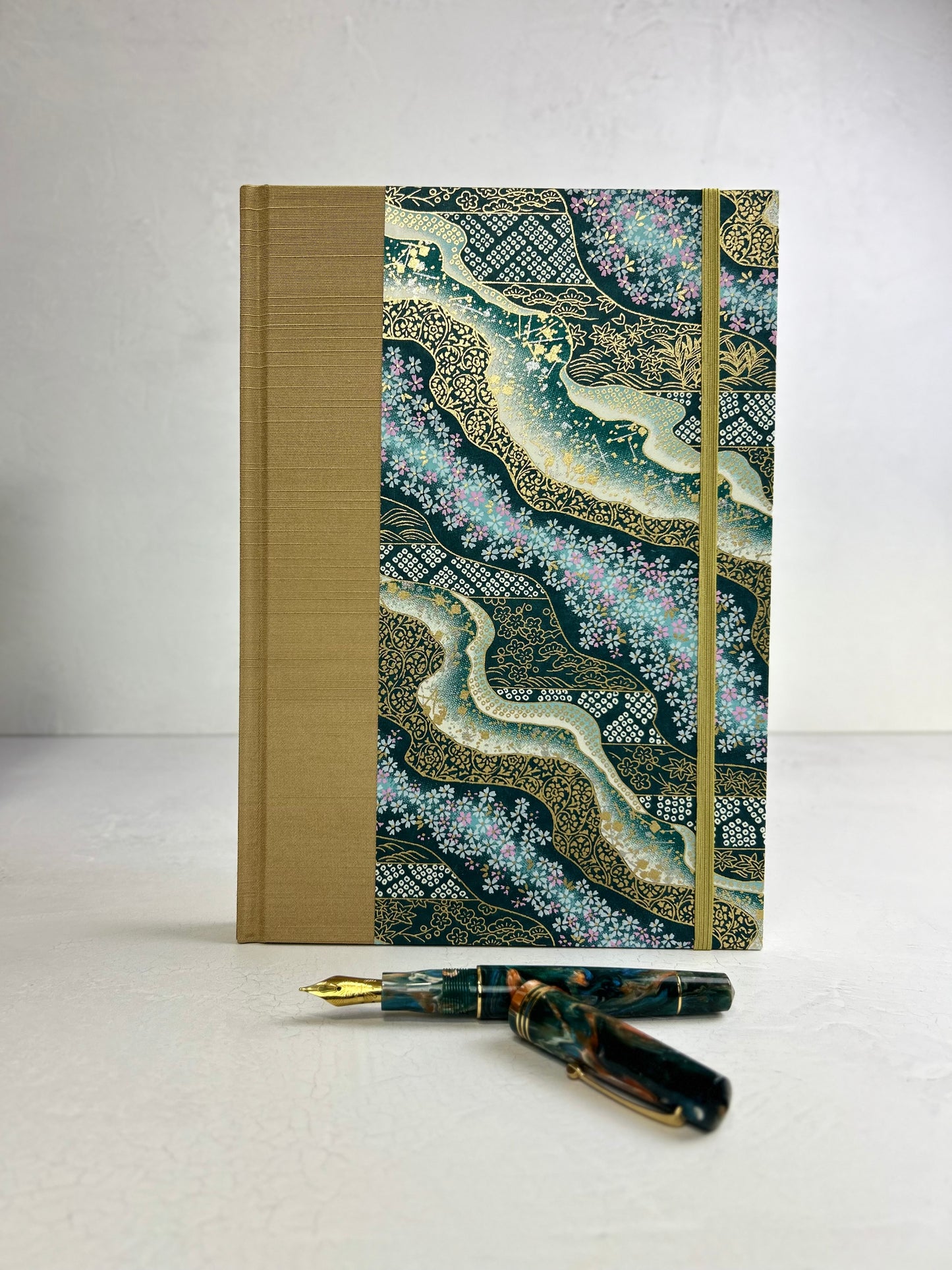 B5 192-page Hardcover Journal finished in Soft Gold Japanese book cloth and Floral Chiyogami Paper