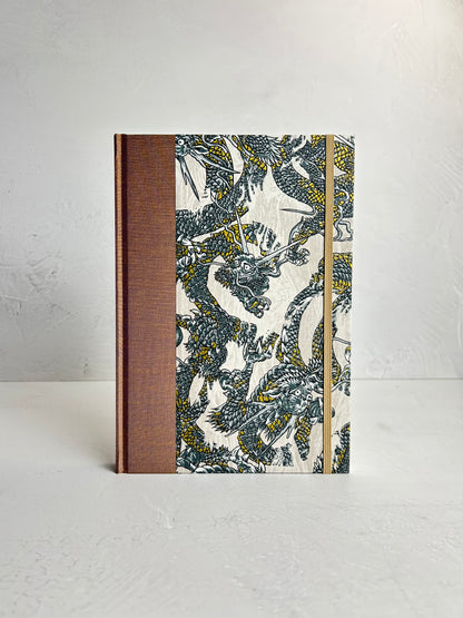 WABI-SABI B5 192-page Hardcover Journal finished in Bronze Japanese book cloth and Dragon Chiyogami Paper