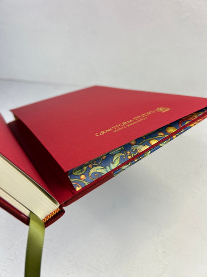 A5 160-page Hardcover Journal finished in Dark Red Japanese book cloth and Floral Italian Florentine Paper