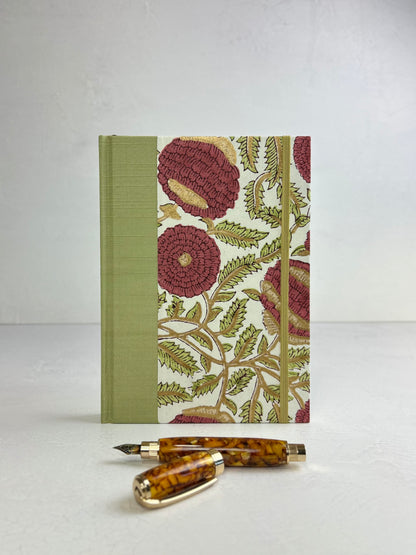 A5 160-page Hardcover Journal finished in Celery Japanese book cloth and Red Floral Chiyogami Paper
