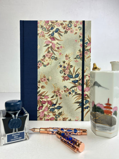 B5 192-page Hardcover Journal finished in Cadet Blue Japanese book cloth and Vintage Orchid Chiyogami Paper