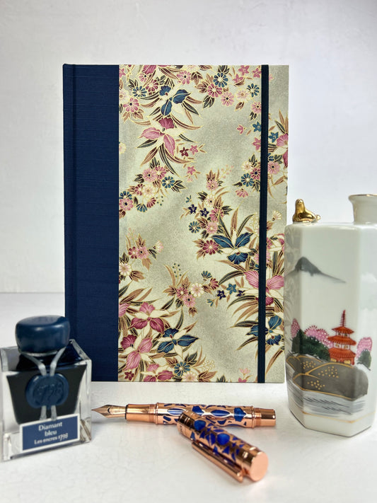 B5 192-page Hardcover Journal finished in Cadet Blue Japanese book cloth and Vintage Orchid Chiyogami Paper