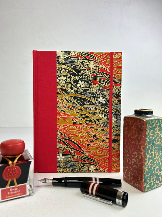 A5 160-page Hardcover Journal finished in Red Italian Verona book cloth and Vintage Floral Chiyogami Paper