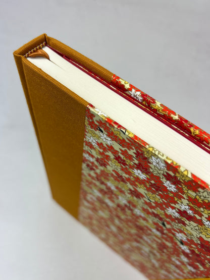 NEW A5 Hardcover Notebook finished in Ochre Japanese book cloth and Fall leaves Chiyogami Paper
