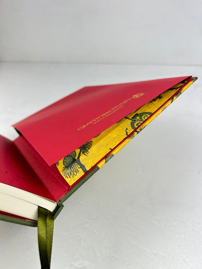 B5 192-page Hardcover Journal finished in olive Japanese book cloth and ochre Pine branches and lanterns