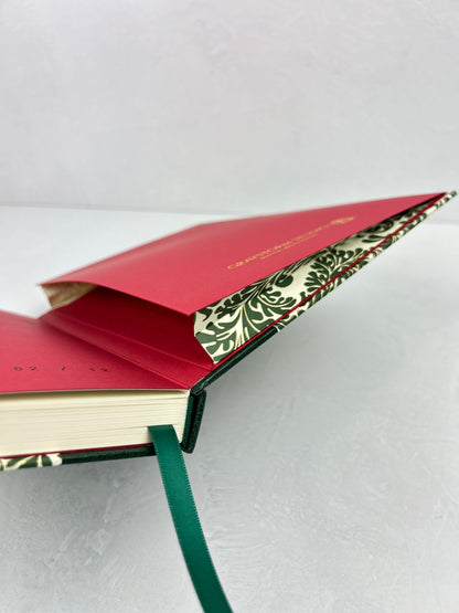 A5 160-page Hardcover Journal finished in Green Vaux Leather and green and gold fern Italian Florentine print