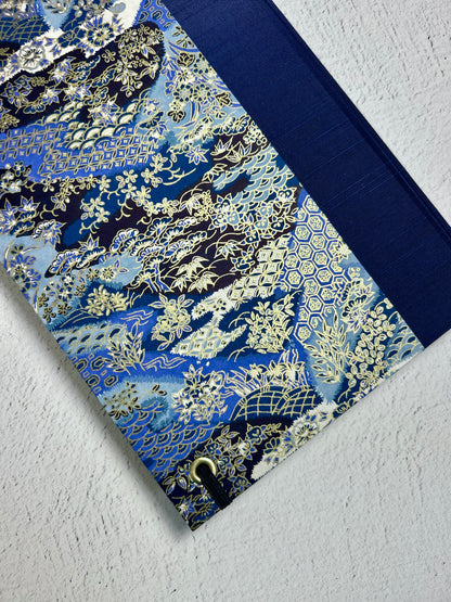A5 Hardcover Notebook finished in Cadet Blue Japanese book cloth and vintage blue and purple Chiyogami decorative paper