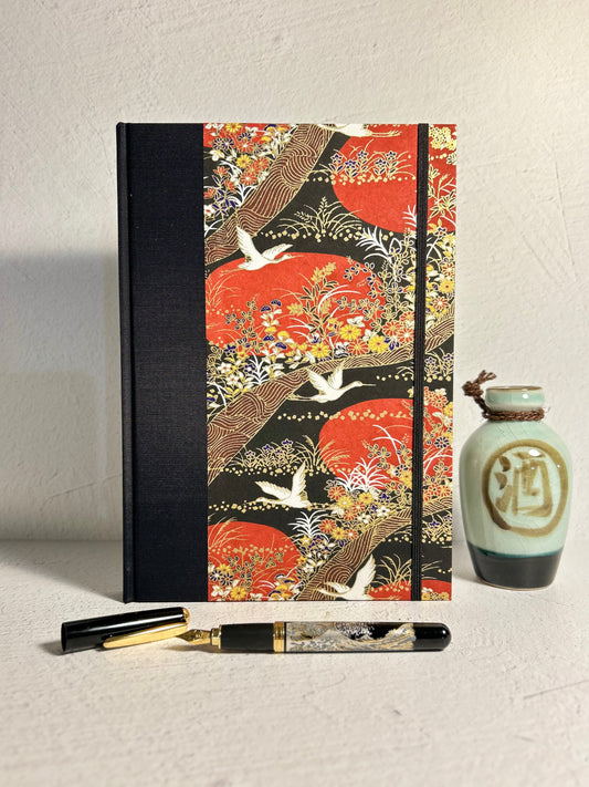 B5 Hardcover Notebook finished in Black Japanese Book cloth and Bronze and Gold Chiyogami Paper