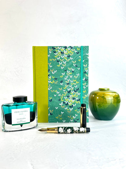 A5 160-page Hardcover Journal finished in Lemongrass Verona book cloth and Butterfly Chiyogami Paper