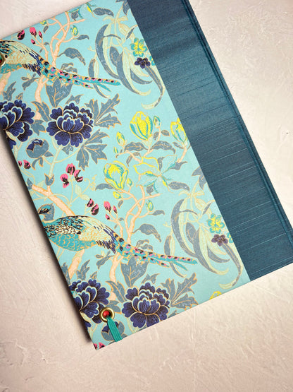 B5 Hardcover Notebook finished in Marine Blue Japanese book cloth and Matthew Williamson Magnolia print