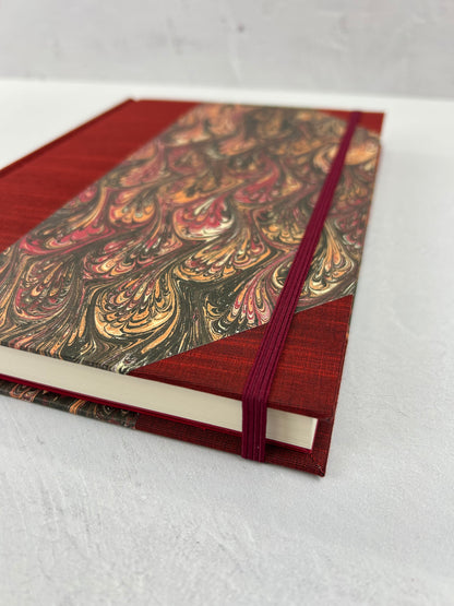 B5 192-page Hardcover Journal finished in Maroon Japanese book cloth and wine/black French Marbled Paper