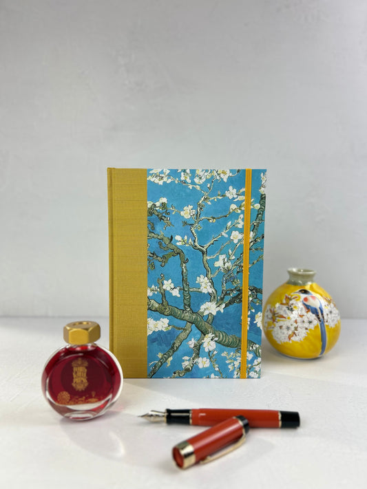 A5 Hardcover Notebook finished in Yellow Gold Japanese book cloth and Vincent Van Gogh Almond Blossoms