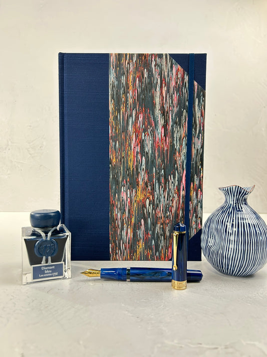 B5 192-page Hardcover Journal finished in Cadette Blue Japanese book cloth and French Marbled Paper