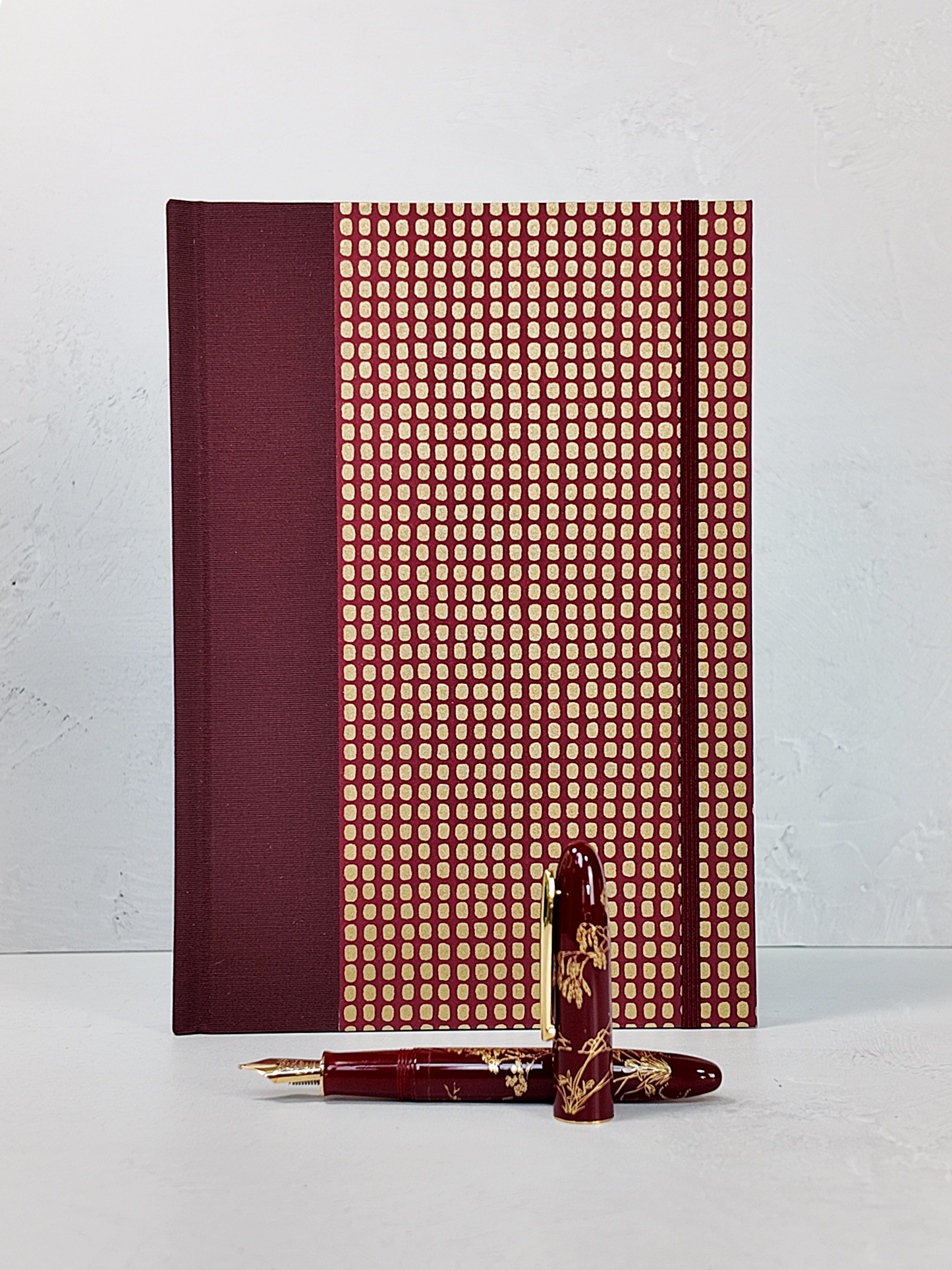 PRE-ORDER NEW B5 192-page Hardcover Journal finished in Maroon Japanese Book Cloth and Gold Dots in Maroon Chiyogami Paper