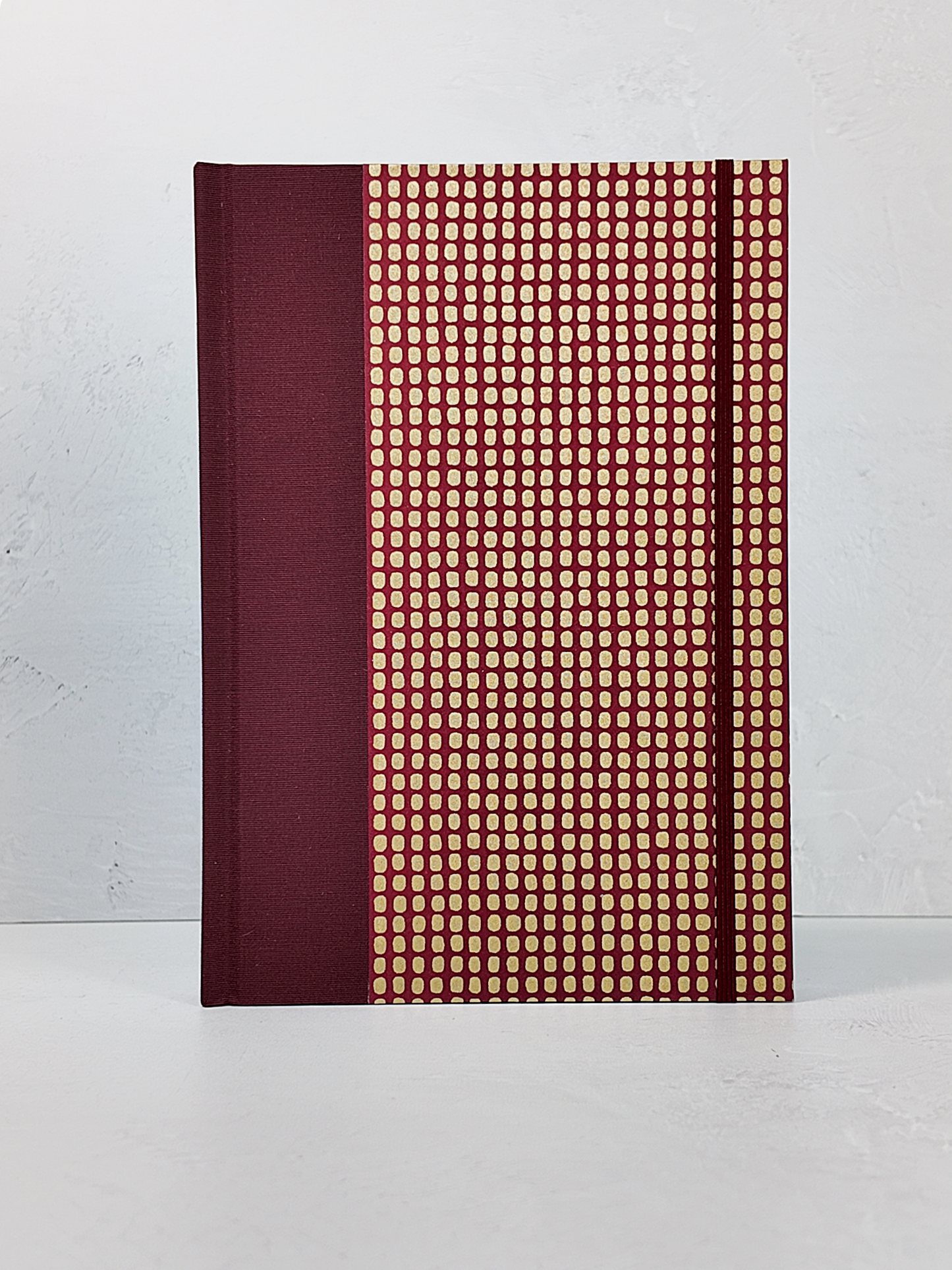 PRE-ORDER NEW B5 192-page Hardcover Journal finished in Maroon Japanese Book Cloth and Gold Dots in Maroon Chiyogami Paper