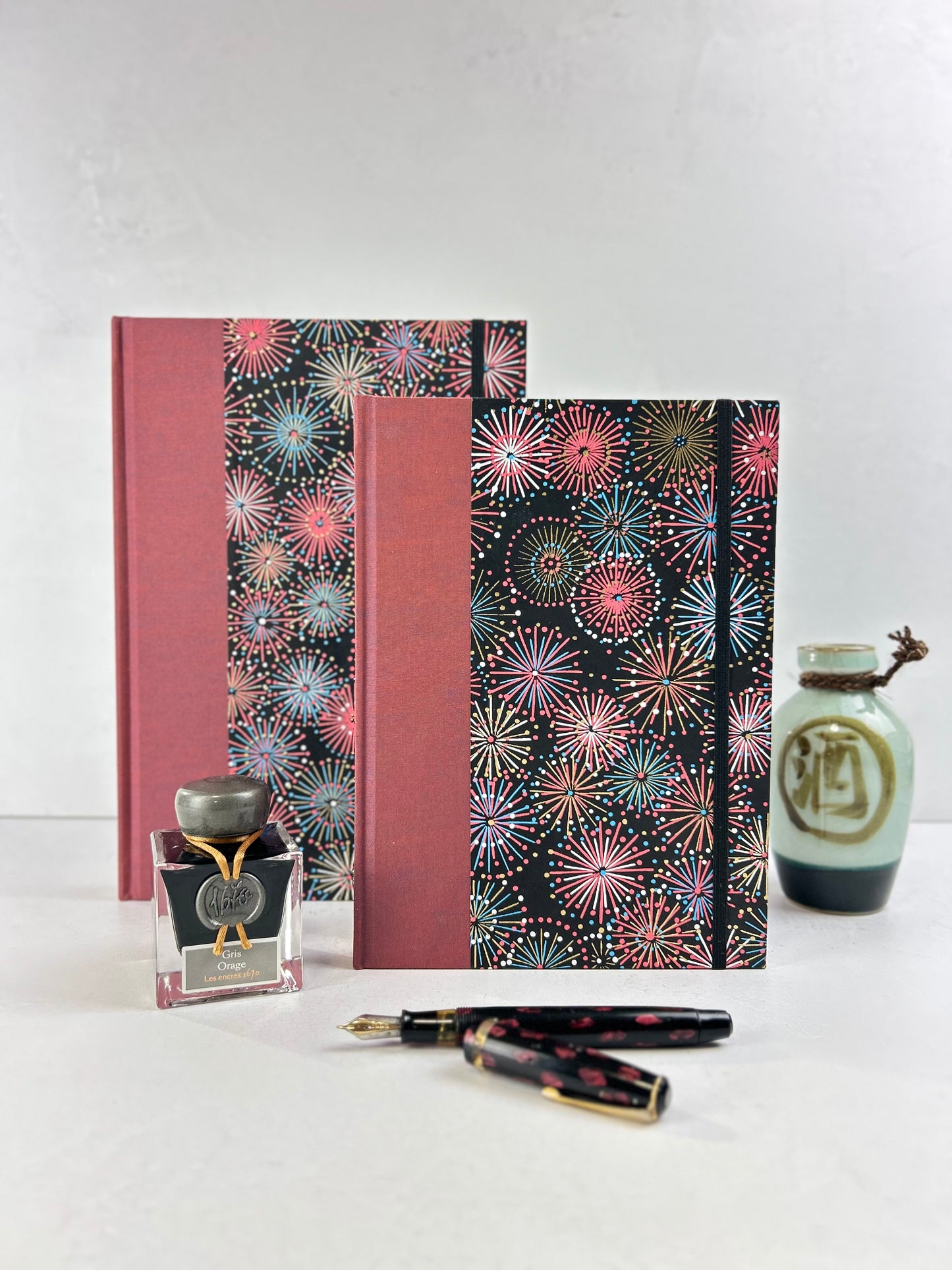 (JANUARY 2026 DELIVERY) B5 Hardcover Notebook finished in Rust Blue Japanese book cloth and Chiyogami Fireworks on Black