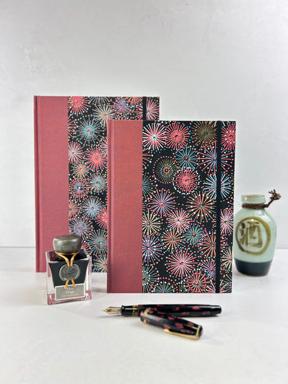 (JANUARY 2026 DELIVERY) B5 Hardcover Notebook finished in Rust Blue Japanese book cloth and Chiyogami Fireworks on Black