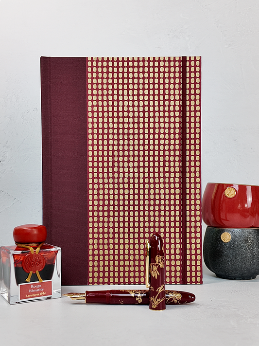 PRE-ORDER NEW B5 192-page Hardcover Journal finished in Maroon Japanese Book Cloth and Gold Dots in Maroon Chiyogami Paper