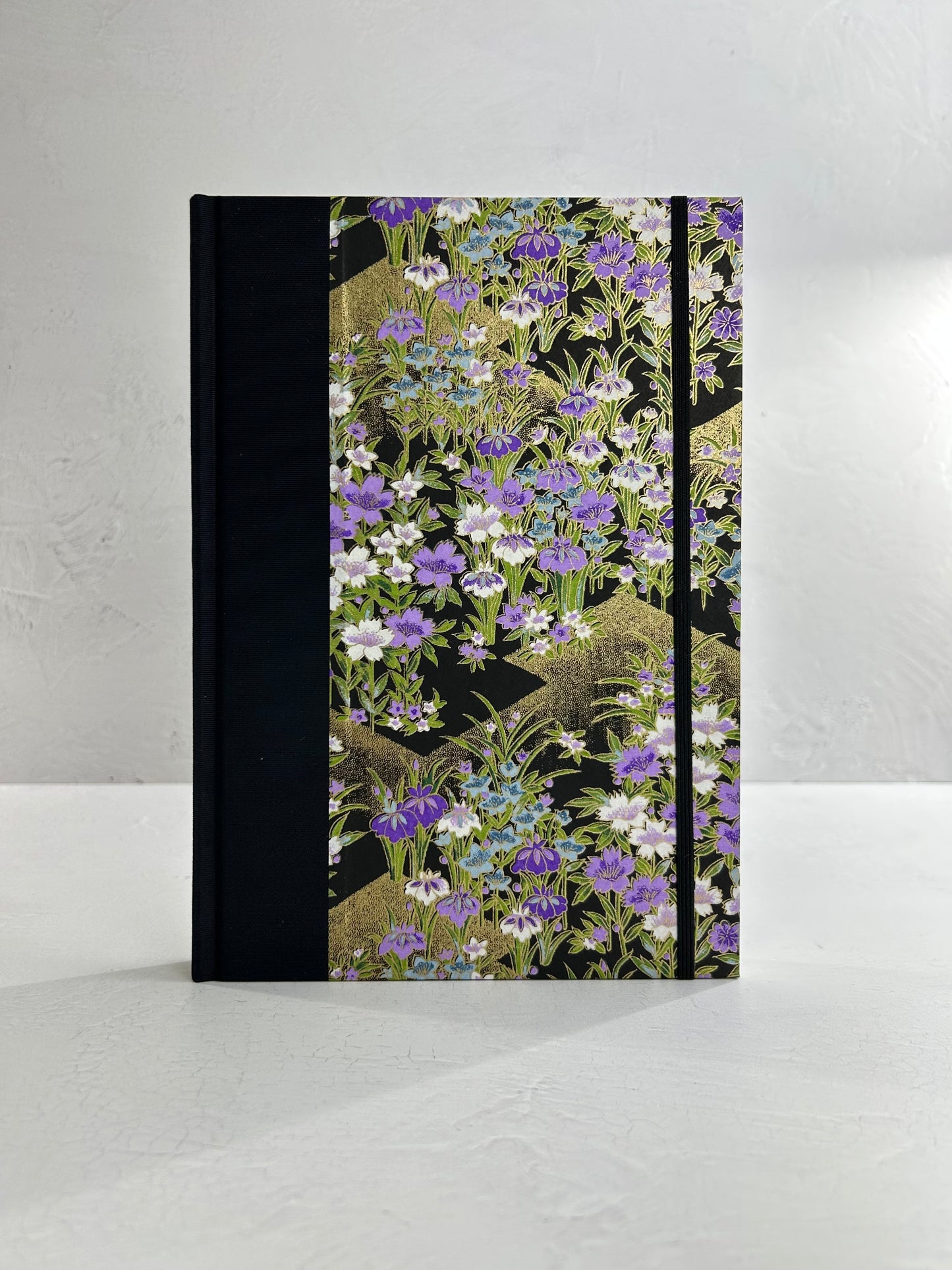 B5 192-page Hardcover Journal finished in black Japanese book cloth and purple wild flower Chiyogami paper