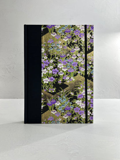 B5 192-page Hardcover Journal finished in black Japanese book cloth and purple wild flower Chiyogami paper