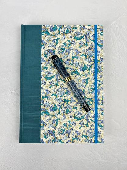 B5 192-page Hardcover Journal finished in in Marine Blue Japanese book cloth and blue paisley Florentine Italian print