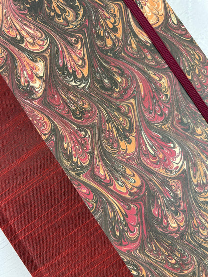 B5 192-page Hardcover Journal finished in Maroon Japanese book cloth and wine/black French Marbled Paper