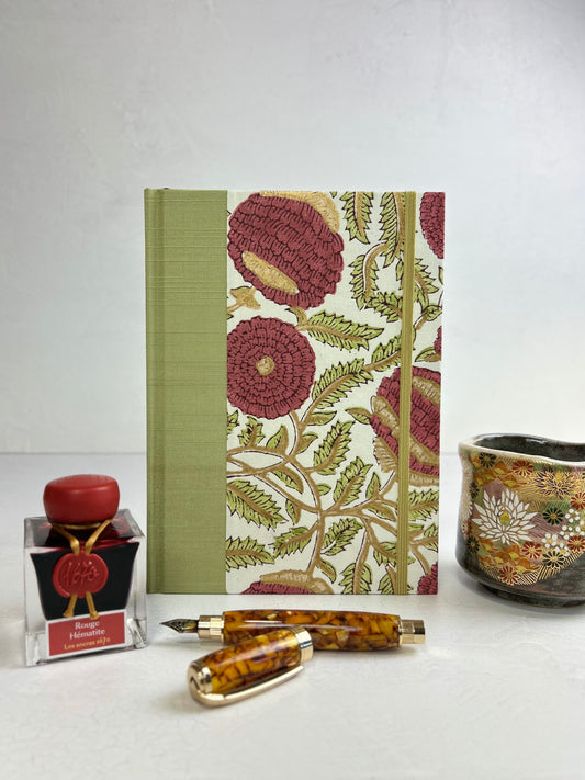 A5 160-page Hardcover Journal finished in Celery Japanese book cloth and Red Floral Chiyogami Paper