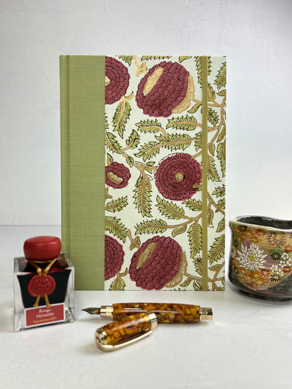 B5 192-page Hardcover Journal finished in Celery Japanese book cloth and Red Floral Chiyogami Paper