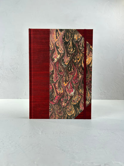 B5 192-page Hardcover Journal finished in Maroon Japanese book cloth and wine/black French Marbled Paper