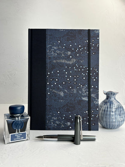 B5 192-page Hardcover Journal finished in Black Japanese book cloth and dark blue Chiyogami Paper