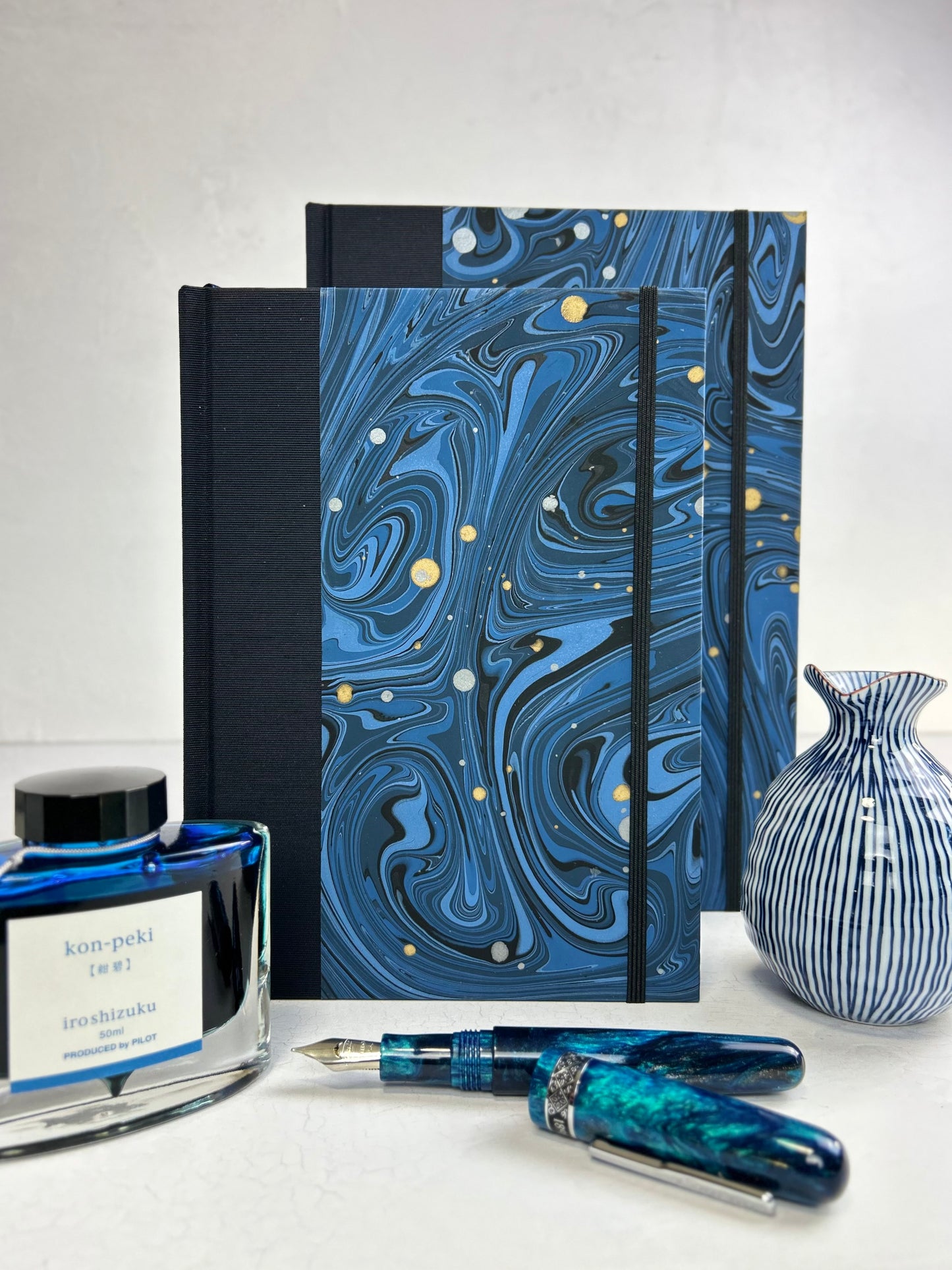 A5 160-page Hardcover Journal finished in Black Japanese book cloth and Renato Crepaldi hand marbled decorative paper
