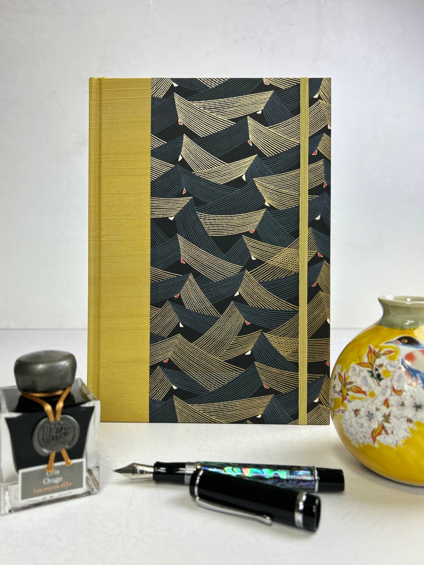 B5 192-page Hardcover Journal finished in Yellow Gold Japanese book cloth and Golden Peaks Chiyogami Decorative Paper