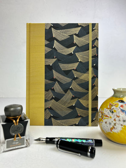 B5 192-page Hardcover Journal finished in Yellow Gold Japanese book cloth and Golden Peaks Chiyogami Decorative Paper