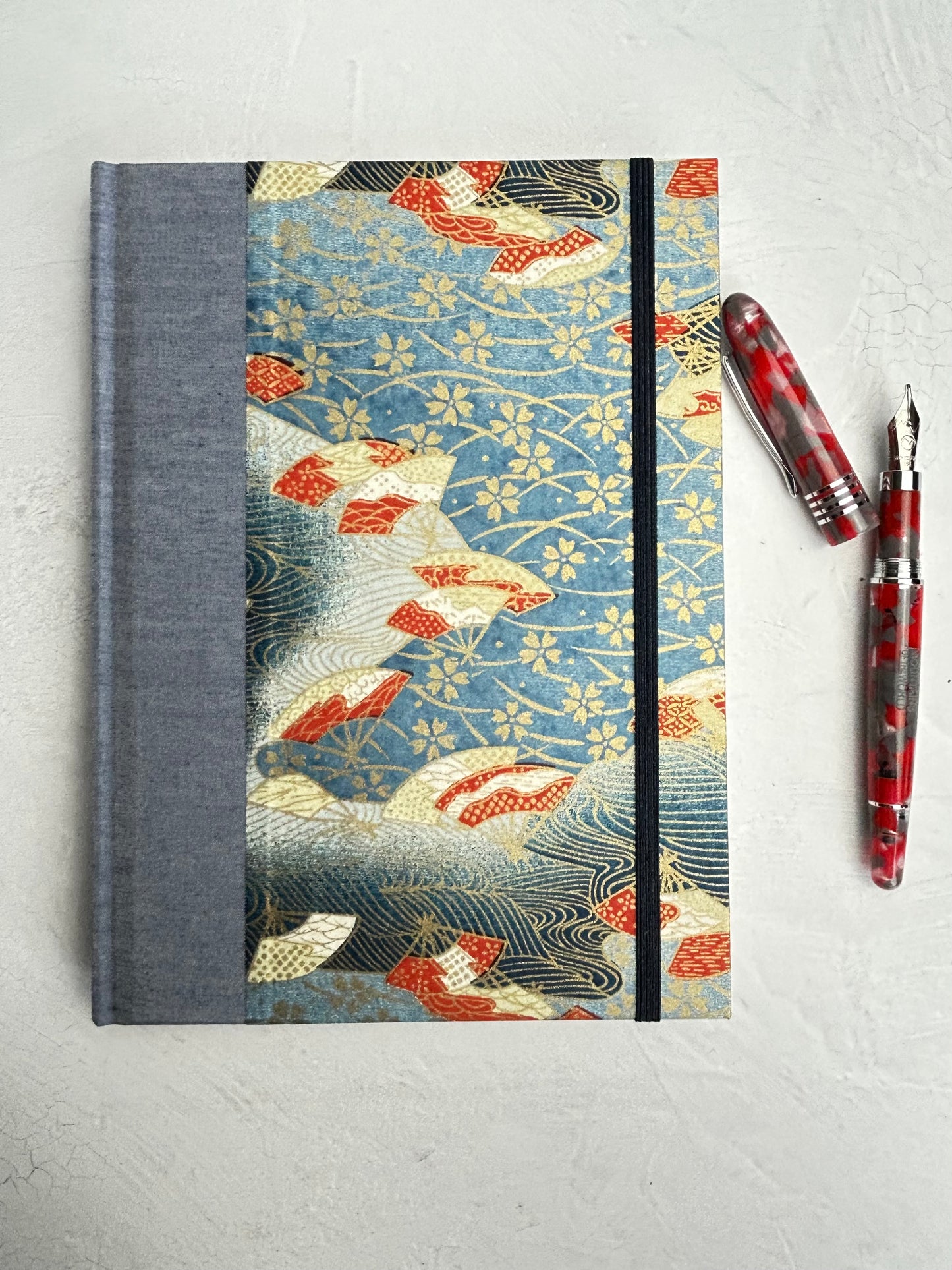 A5 160-page Hardcover Journal finished in Steel Blue Japanese book cloth and vintage Chiyogami Paper