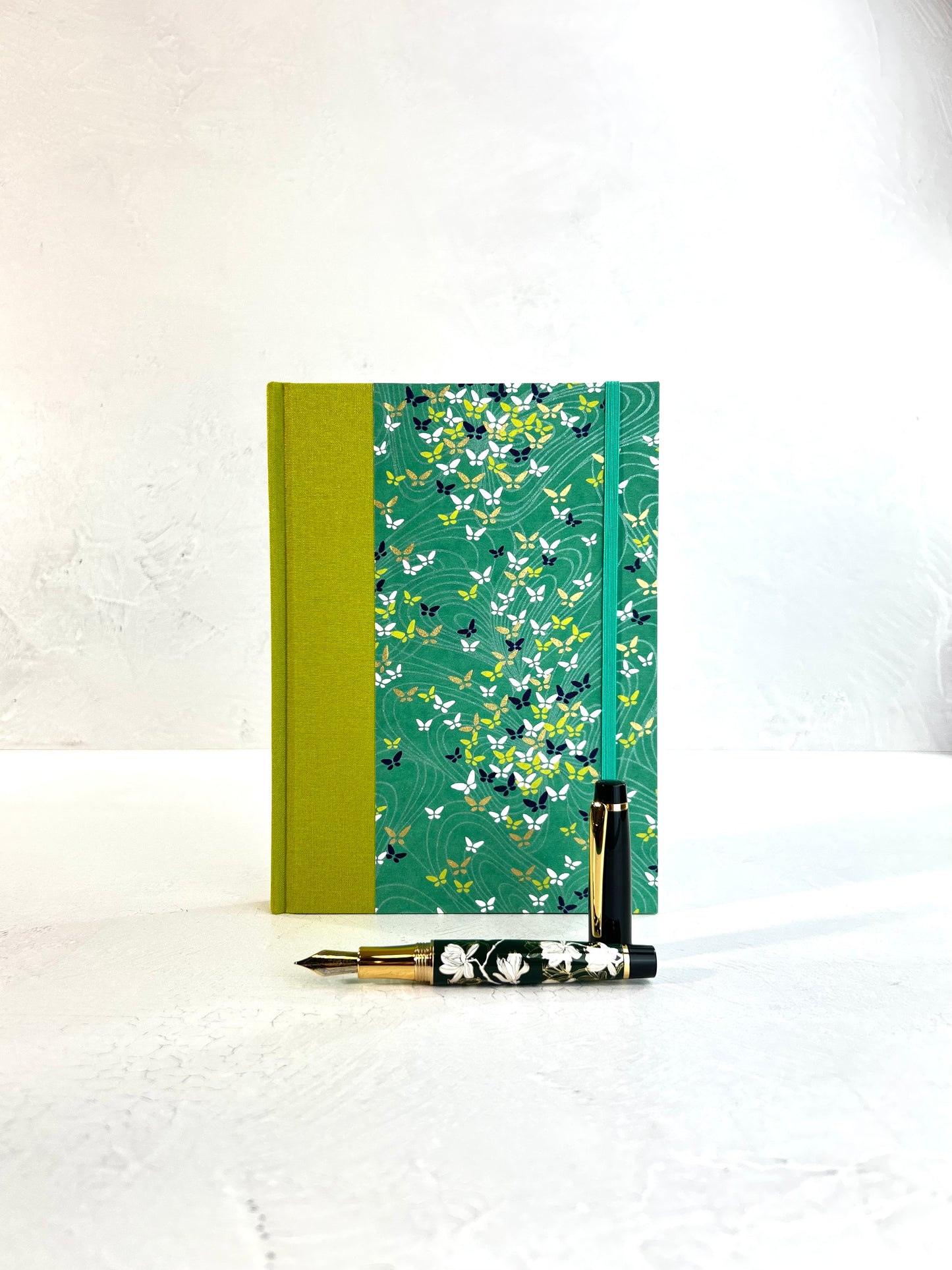 A5 160-page Hardcover Journal finished in Lemongrass Verona book cloth and Butterfly Chiyogami Paper