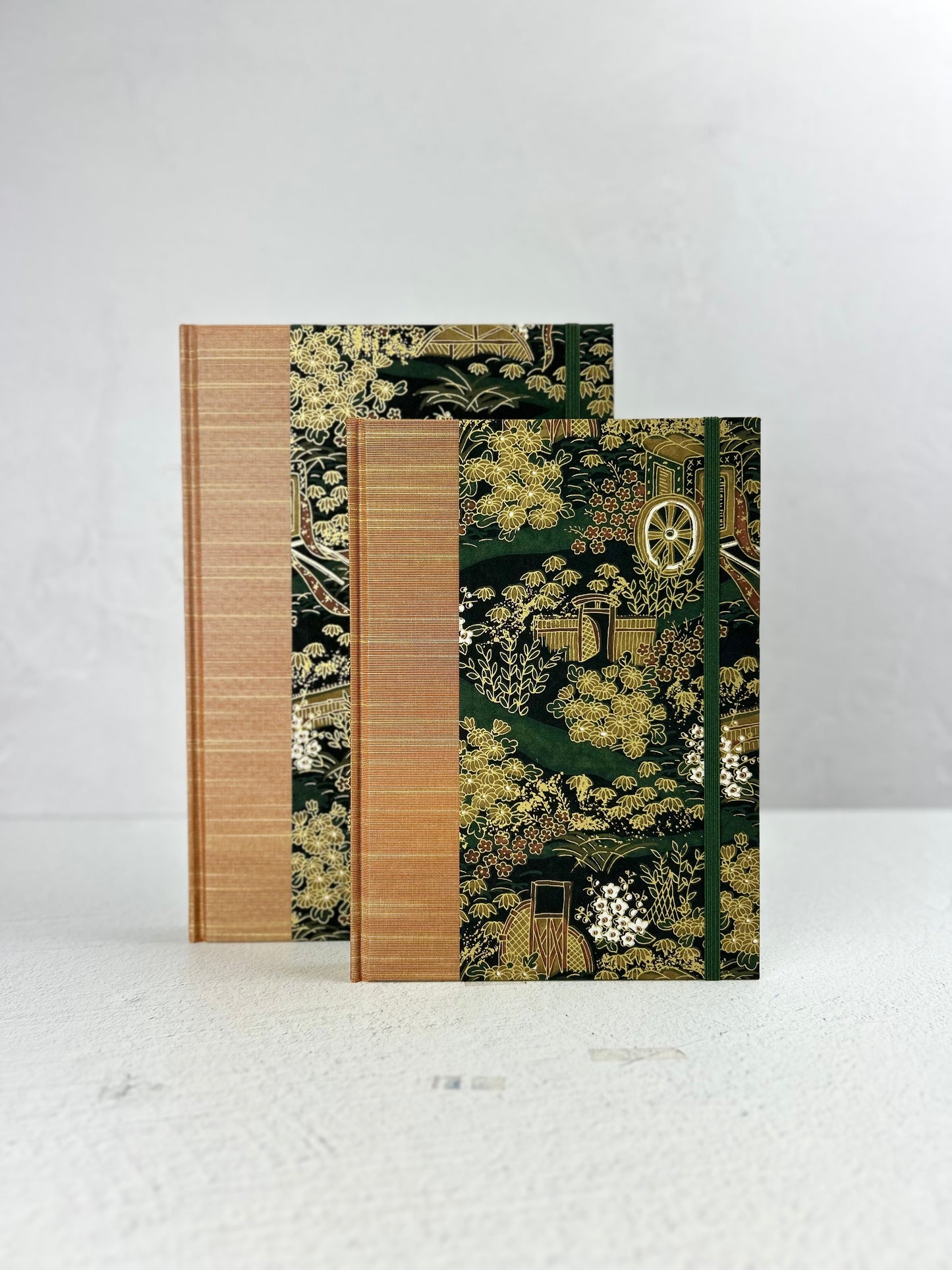 NEW A5 Hardcover Notebook finished in Bronze Japanese book cloth and Classic Green Gold Chiyogami Paper