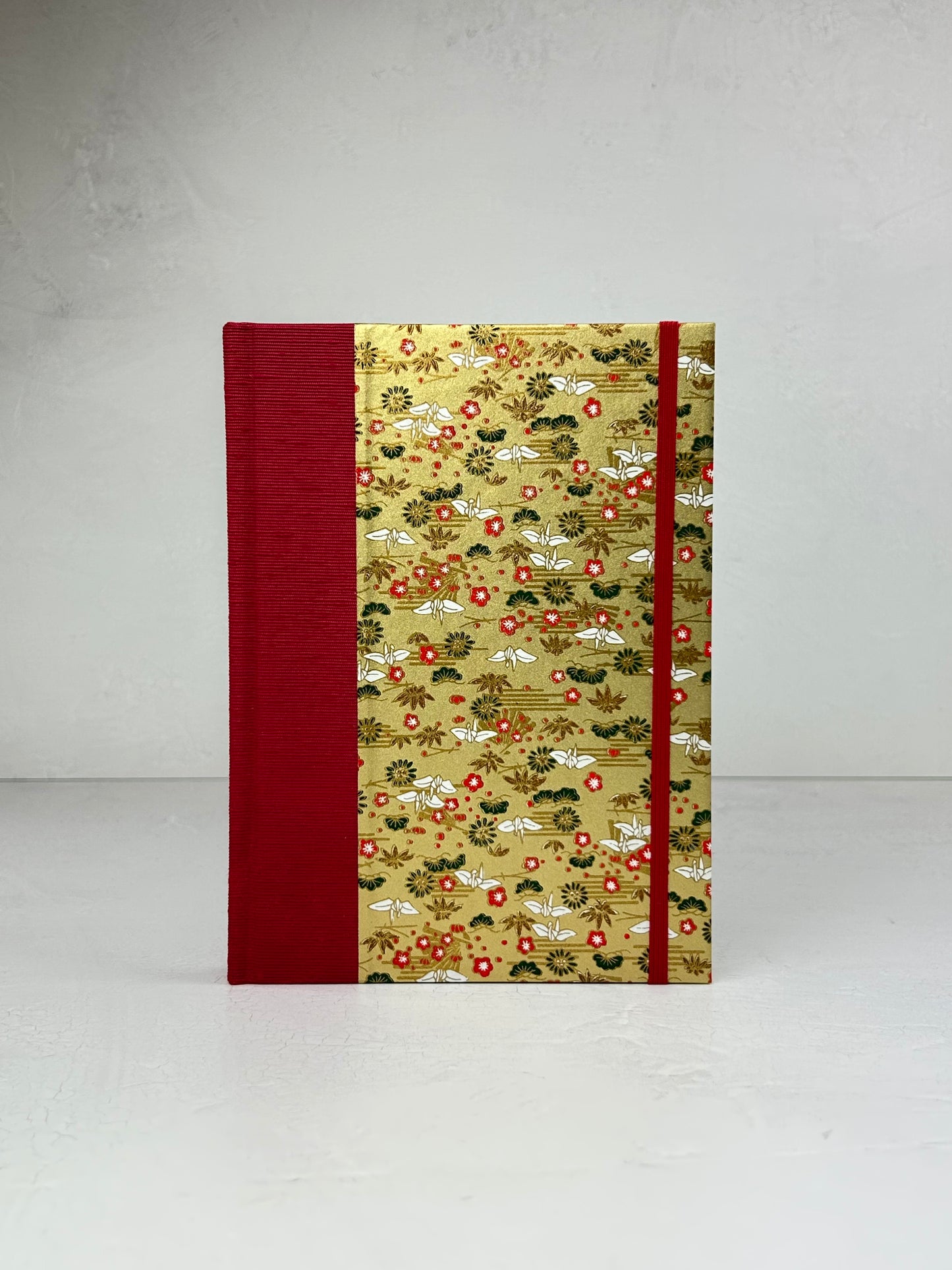 A5 160-page Hardcover Journal finished in Cardinal Red Japanese book cloth and White Cranes on Gold Chiyogami Paper