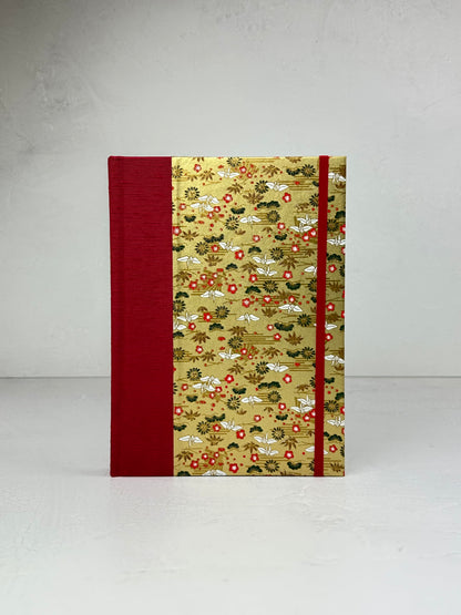 A5 160-page Hardcover Journal finished in Cardinal Red Japanese book cloth and White Cranes on Gold Chiyogami Paper