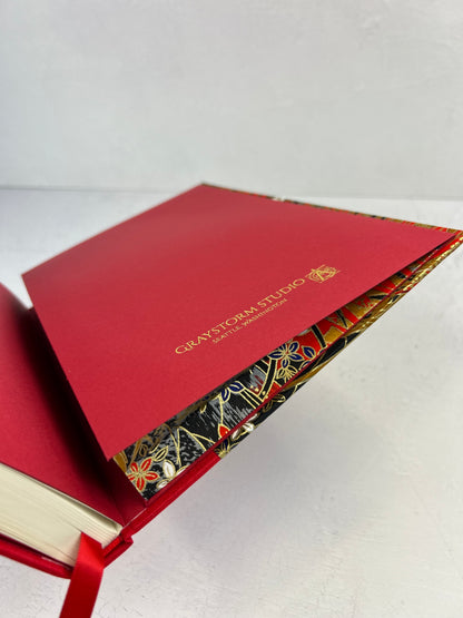A5 160-page Hardcover Journal finished in Red Italian Verona book cloth and Vintage Floral Chiyogami Paper