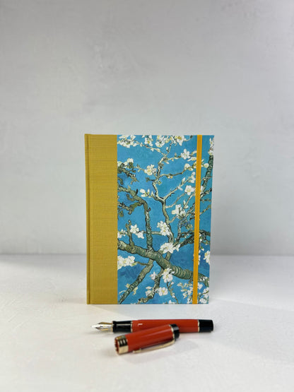 A5 Hardcover Notebook finished in Yellow Gold Japanese book cloth and Vincent Van Gogh Almond Blossoms