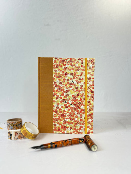 NEW A5 Hardcover Notebook finished in Ochre Japanese book cloth and Fall leaves Chiyogami Paper