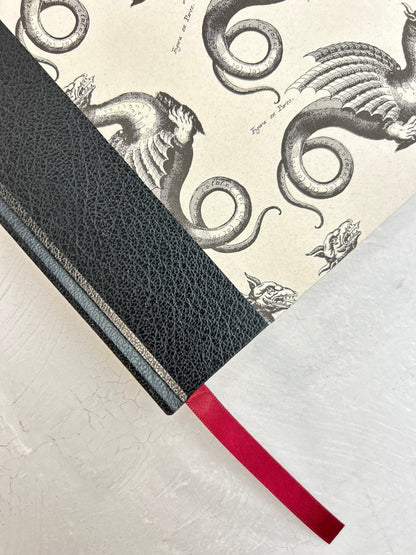 A5 160-page Hardcover Journal finished in Black Vaux Leather and Italian Letterpress dragon design
